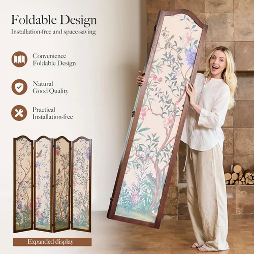 Vista 3 de Svimi Divisor de habitación plegable de madera de 4 paneles estilo oriental – Pantalla de privacidad independiente y panel de pared decorativo