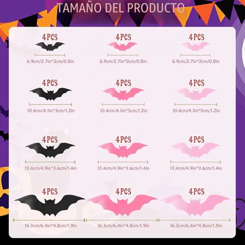 Vista 7 de Decoración 3D de murciélagos de pared de Halloween, 48 calcomanías y calcomanías de murciélagos de PVC rosa para el hogar, tema espeluznante