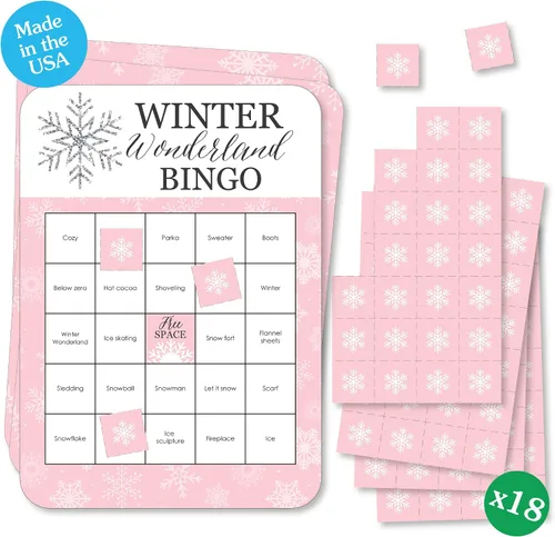 Vista 7 de Big Dot of Happiness Pink Winter Wonderland - Tarjetas de bingo y marcadores - Fiesta de cumpleaños de copo de nieve y juego de bingo para baby
