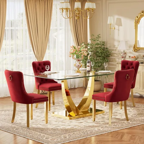 Vista 46 de Juego de mesa de comedor de cristal moderno de mediados de siglo para 4, 63 pulgadas, juego de comedor rectangular grande de lujo con parte superior