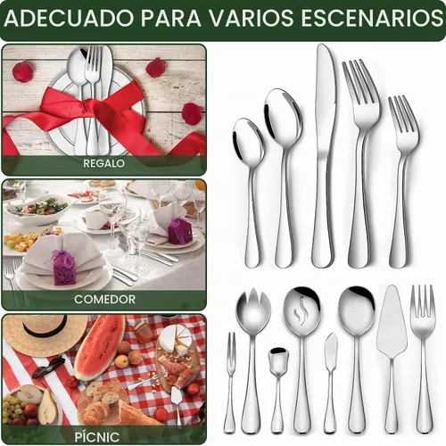 Vista 6 de Juego de 68 piezas de cubiertos con juego de utensilios para servir, juego de cubiertos de acero inoxidable CEKEE para 12, juego de cubertería