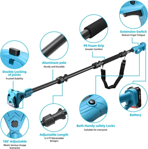 Vista 3 de solo sierra de poste extensible, correa de hombro (sin motosierra ni batería) Rotatable Pole14ft Max Reach, Tool-Free Installation, Compatible