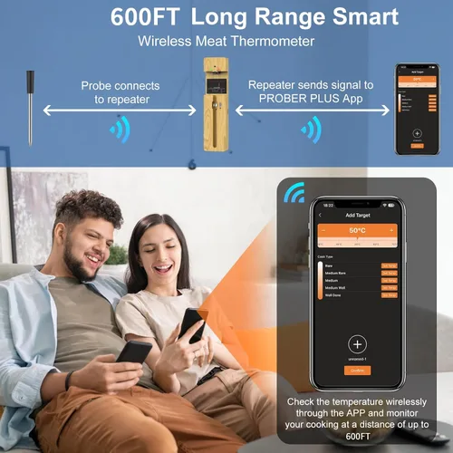 Vista 5 de Termómetro inalámbrico para carne Bluetooth con sonda de cerámica: Termómetro digital impermeable para horno y alimentos para parrilla, freidora