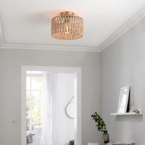Vista 2 de Accesorio de Lámpara de Techo Empotrada Tejida en Oro Antiguo Costero, Luz de Techo Semi Empotrada Rústica Boho de Cuerda de Cáñamo Latón