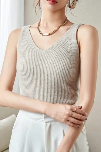 Vista 6 de LINY XIN Chaleco de punto 100 % lana merino para mujer, con cuello en V, sin mangas, liso, clásico