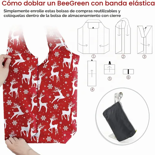 Vista 5 de BeeGreen Bolsas de comestibles reutilizables de Navidad con bolsa de almacenamiento con cremallera, paquete de 10 bolsas de compras reutilizables a