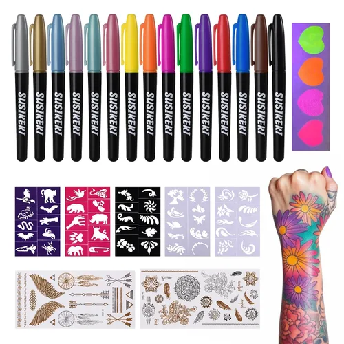 Vista 10 de Marcadores temporales de tatuaje para piel, 15 bolígrafos de tatuaje de doble punta + 50 plantillas de pintura + 43 calcomanías de tatuajes, juego