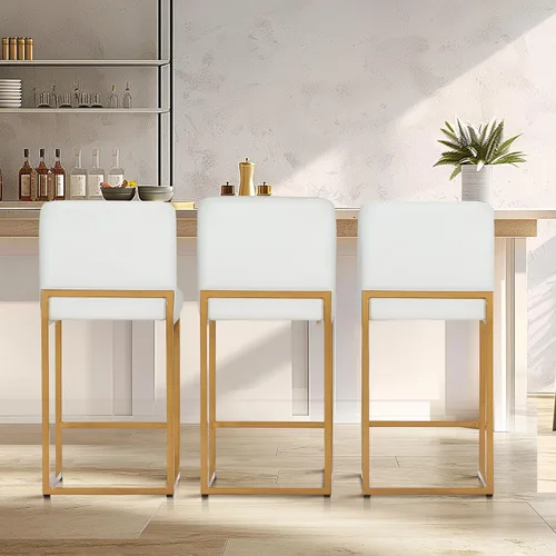 Vista 46 de Juego de 2 taburetes de bar de altura de mostrador de color blanco cremoso de 24 pulgadas, modernos taburetes de bar dorados con respaldo tapizado