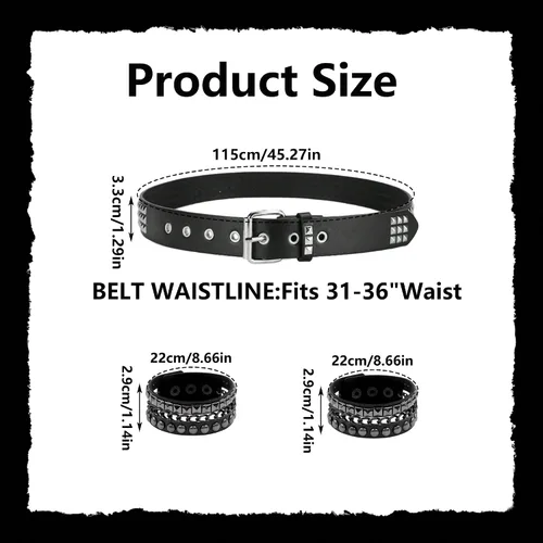 Vista 2 de YMO Cinturón negro con tachuelas, pulsera con remaches, pulseras emo, punk, gótica, accesorios emo para mujeres y hombres