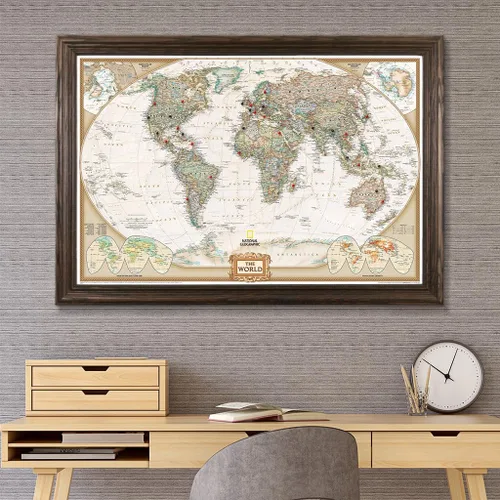 Vista 8 de Mapamundi con alfileres, personalizado, ejecutivo, con marco de 24 x 36" y alfileres, Marrón (Solid Wood Brown), 24 x 36 pulgadas Marco marrón