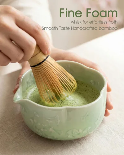Vista 9 de Juego de batidor de matcha, kit de 4 piezas con cuenco de matcha de cerámica, batidor de bambú, soporte para batidor, scroop - Juego completo de té