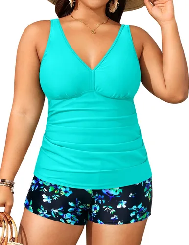 Vista 2 de Yonique Trajes de baño de talla grande para mujer con shorts, control de abdomen, tankini de dos piezas, traje de baño deportivo Aqua y flor azul