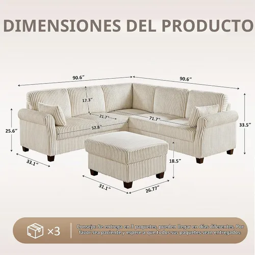 Vista 2 de Sofá modular modular en forma de V de 90.6 pulgadas, sofás esquineros de pana con otomana de almacenamiento, sofá grande tapizado de 6 asientos
