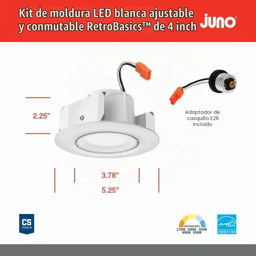 Vista 4 de Juno Iluminación LED Empotrada Ajustable de 4 Pulgadas, Kit de Moldura de Luz LED Descendente con Cardán Ajustable Serie RetroBasics, Luz de Techo