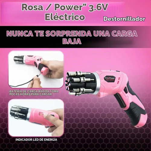 Vista 3 de Pink Power, taladro eléctrico de 4,8 Volt, recargable, juego de desarmadores con nivel de burbuja. Destornillador pequeño con mango pivotante