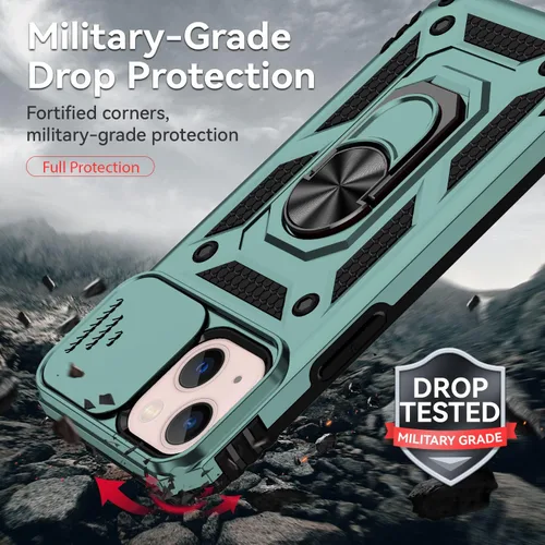 Vista 6 de Funda para iPhone 13, con cubierta para lente de cámara, protector de pantalla HD, [grado militar] anillo de montaje en coche con soporte híbrido