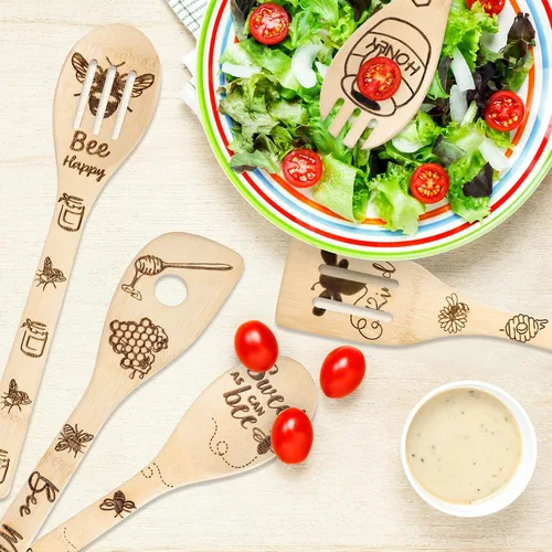 Vista 6 de Eartim Juego de espátulas de madera de abeja, 5 piezas de utensilios de cocina con temática de abeja, antiadherente natural, tallado, cuchara
