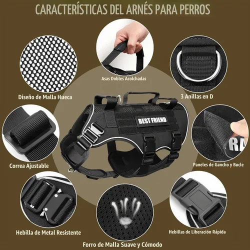 Vista 9 de Arnés táctico para perro, de tamaño mediano, con hebillas de metal, malla de aire transpirable, arnés militar Molle con 3 asas duraderas para Negro