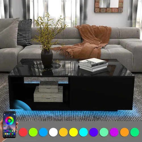 Vista 4 de COSVALVE Mesas de centro negras LED de 43.3 pulgadas para sala de estar con luces LED de 16 colores, mesa de centro moderna con cajón