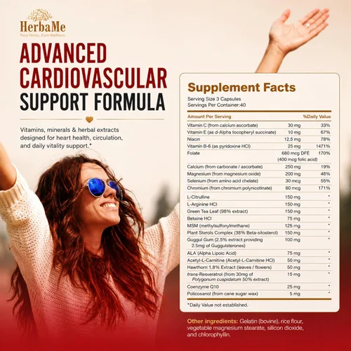 Vista 8 de HerbaMe Suplemento de apoyo cardíaco para hombres y mujeres, bienestar cardíaco diario y apoyo a la circulación, apoya el bienestar cardiovascular