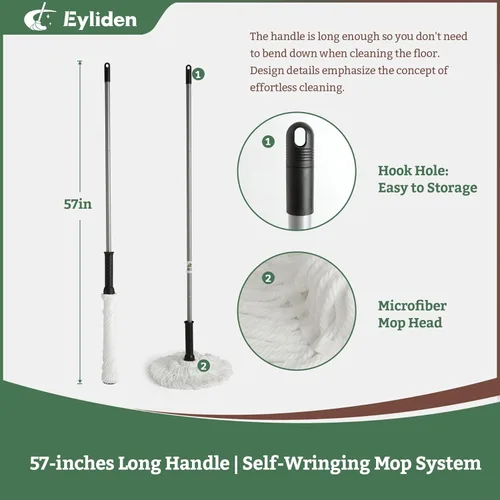 Vista 5 de Eyliden Trapeador giratorio – Simple, mango largo de 57 pulgadas, trapeador de cuerda de microfibra autoescurrido para limpieza de suelos, atrapa