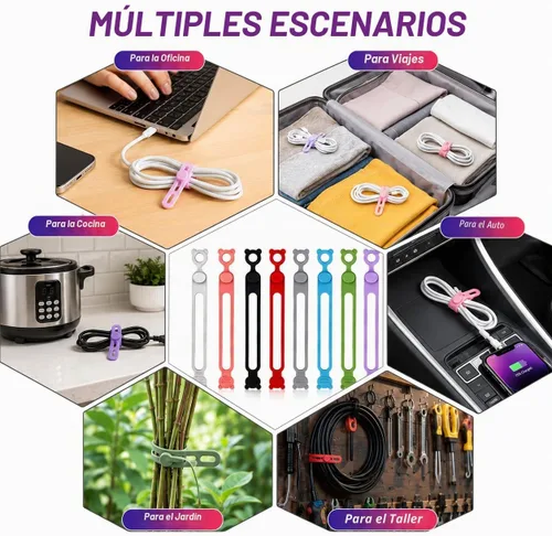 Vista 5 de Paquete de 50 bridas de cable de silicona reutilizables, bridas de cable de goma, organizador de cables, accesorios electrónicos para el hogar