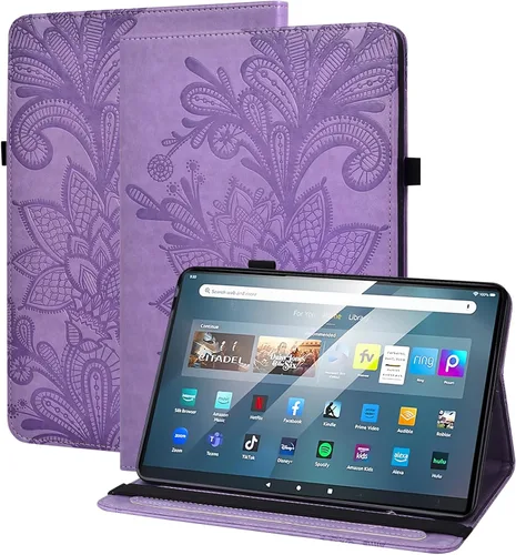 Vista 12 de Amazon Kindle Fire HD 8 8ª/7ª/6ª generación 2016/2017/2018, diseño de flores de encaje en relieve de piel sintética, a prueba de golpes, con soporte