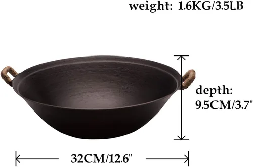 Vista 2 de ZhenSanHuan Wok de hierro fundido hecho a mano, sin revestimiento, sin pintura, saludable, fondo plano, apto para inducción (12.6 pulgadas)