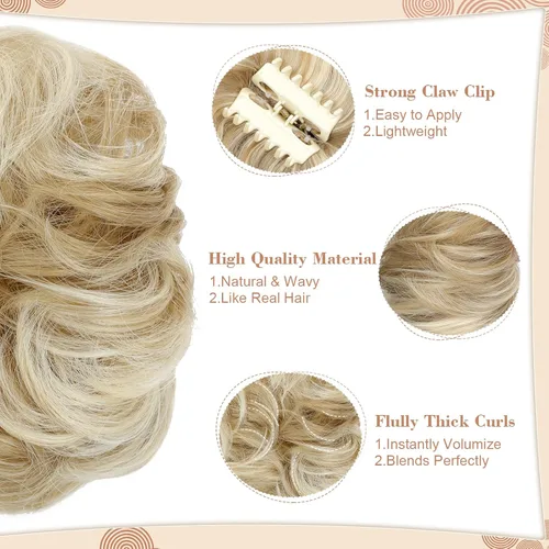 Vista 3 de Moño desordenado, extensiones de cabello sintético con clip de garra, para mujer, rubio ceniza, mezcla de rubio decolorado
