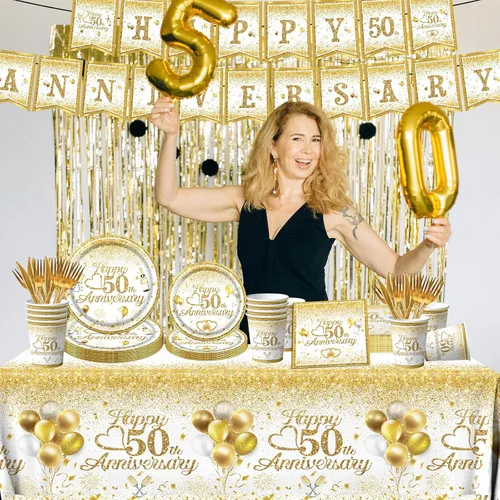 Vista 6 de Decoraciones de 50 aniversario: juego de vajilla Happy 50th con platos y servilletas con purpurina blanca y dorada para saludos a 50 años