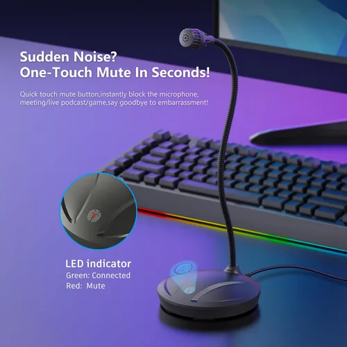 Vista 3 de Micrófono de instrumento para cantar, podcasting, grabación de video de voz, micrófono USB de escritorio Plug & Play para PC con botón de silencio e