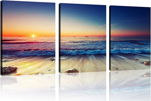 Vista 46 de TutuBeer 3 paneles de fotos de playa, arte de pared, diseño de mar azul, playa blanca al amanecer, imágenes impresas en lienzo, imágenes del océano