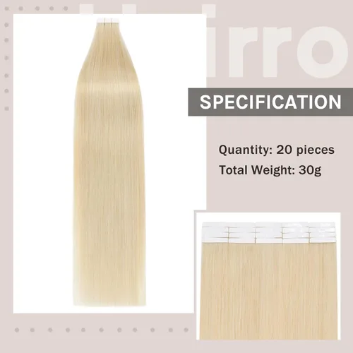 Vista 5 de Hairro Extensiones de cabello humano Remy con cinta adhesiva de doble cara de 18 pulgadas, 20 unidades, 1.06 oz, color rubio decolorado #613, sin