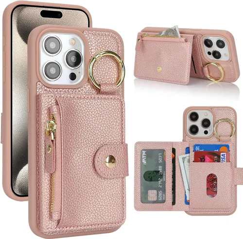 Vista 23 de Funda para iPhone 14 Plus con tarjetero, color negro Funda con cremallera y ranura para mujer y hombre