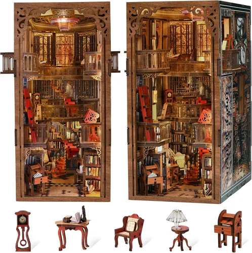 Vista 16 de MiniCity Kit de rincón de libros, kit de bricolaje en miniatura para casa de muñecas, rompecabezas de madera 3D, decoración con luz LED