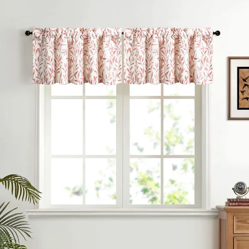 Vista 12 de VOGOL Cenefas de cortina de estilo rústico para ventanas, cenefa decorativa con estampado de hojas de pájaro azul, para cocina, baño, loft
