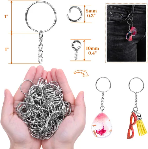Vista 3 de Audab 360 llaveros a granel, 120 anillos de llavero con cadena y 120 anillos de salto abierto con 120 pernos de ojo de tornillo para manualidades