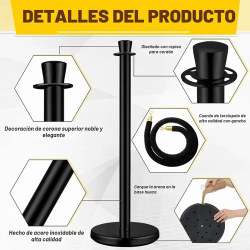 Vista 5 de Wesiti Juego de 6 postes de acero inoxidable con corona superior de 5 pies y 3 piezas de cuerda de terciopelo y postes de control de multitudes Negro