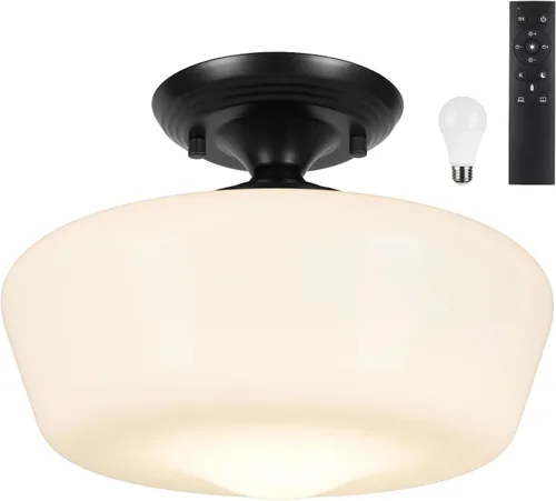 Vista 10 de Lámpara de techo estilo casa escolar semiempotrada con bombilla regulable y control remoto, lámpara de techo moderna dorada de 12" con pantalla