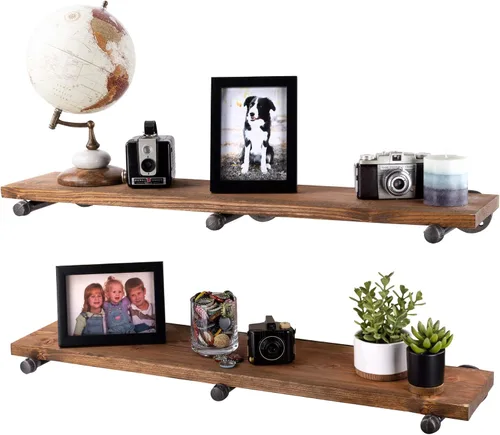 Vista 17 de Pipe DÉCOR - Estantería de madera de abeto Douglas de alta calidad, 24 pulgadas de largo, juego de 2 tablas y 4 soportes rectos, acabado marrón