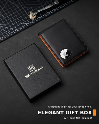 Vista 21 de Billetera AirTag para hombre, de piel auténtica plegable con bloqueo Rfid AirTag con ranuras para efectivo y ventana de identificación, compatible