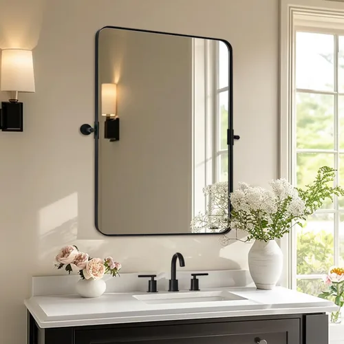 Vista 26 de Espejo giratorio Moon Mirror de oro cepillado, espejo inclinable de latón para tocador rectangular para baño, medidas totales 24.33 x 28 pulgadas