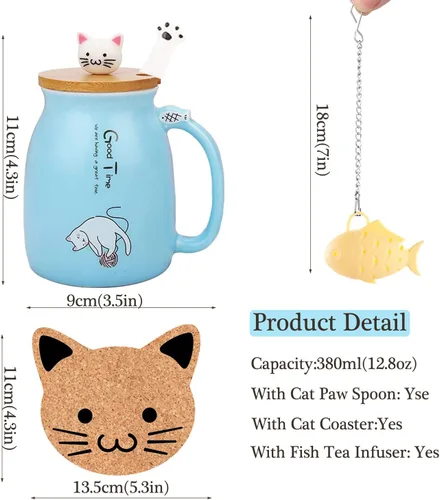 Vista 5 de BigNoseDeer Lindas tazas Kawaii de gato, taza de café de cerámica con infusor y tapa, cuchara, taza de té, regalos lindos y geniales para mujeres