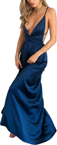 Vista 3 de Yimeili vestido largo de fiesta para mujer vestido de cóctel sexy satinado con cuello en V profundo espalda descubierta y abertura 30colores S-XXL