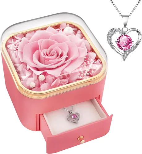 Vista 10 de Beferr Regalos de cumpleaños para mujeres, rosa real preservada con collar, rosas moradas eternas, flores para la entrega, aniversario, día de la A