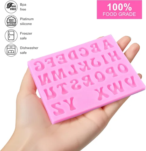 Vista 3 de 2 moldes de silicona grandes, 26 moldes de fondant con letras mayúsculas, del alfabeto número 0-9, molde de silicona para decoración de pasteles