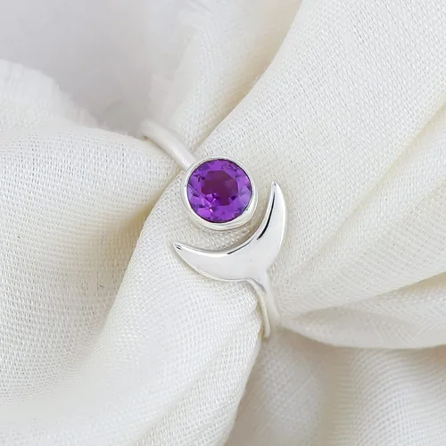 Vista 3 de Anillo de plata de ley 925 con forma de media luna Piedra natural Piedras pulidas Joyería de diseñador hecha a mano Anillo bohemio de boda