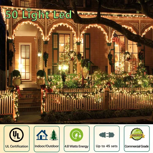 Vista 5 de Luces LED de Navidad de color blanco cálido de 25 pies, 50 unidades, grado comercial, impermeable, cable verde, luces de árbol de Navidad, IP:65, UL