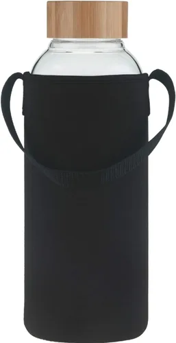 Vista 10 de Botella de agua de vidrio de borosilicato para deportes de 48 onzas, con tapa de bambú y funda de neopreno
