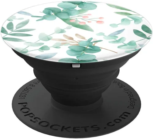 Vista 4 de Hojas de ramas florales de acuarela de eucalipto con flor verde PopSockets intercambiables PopGrip